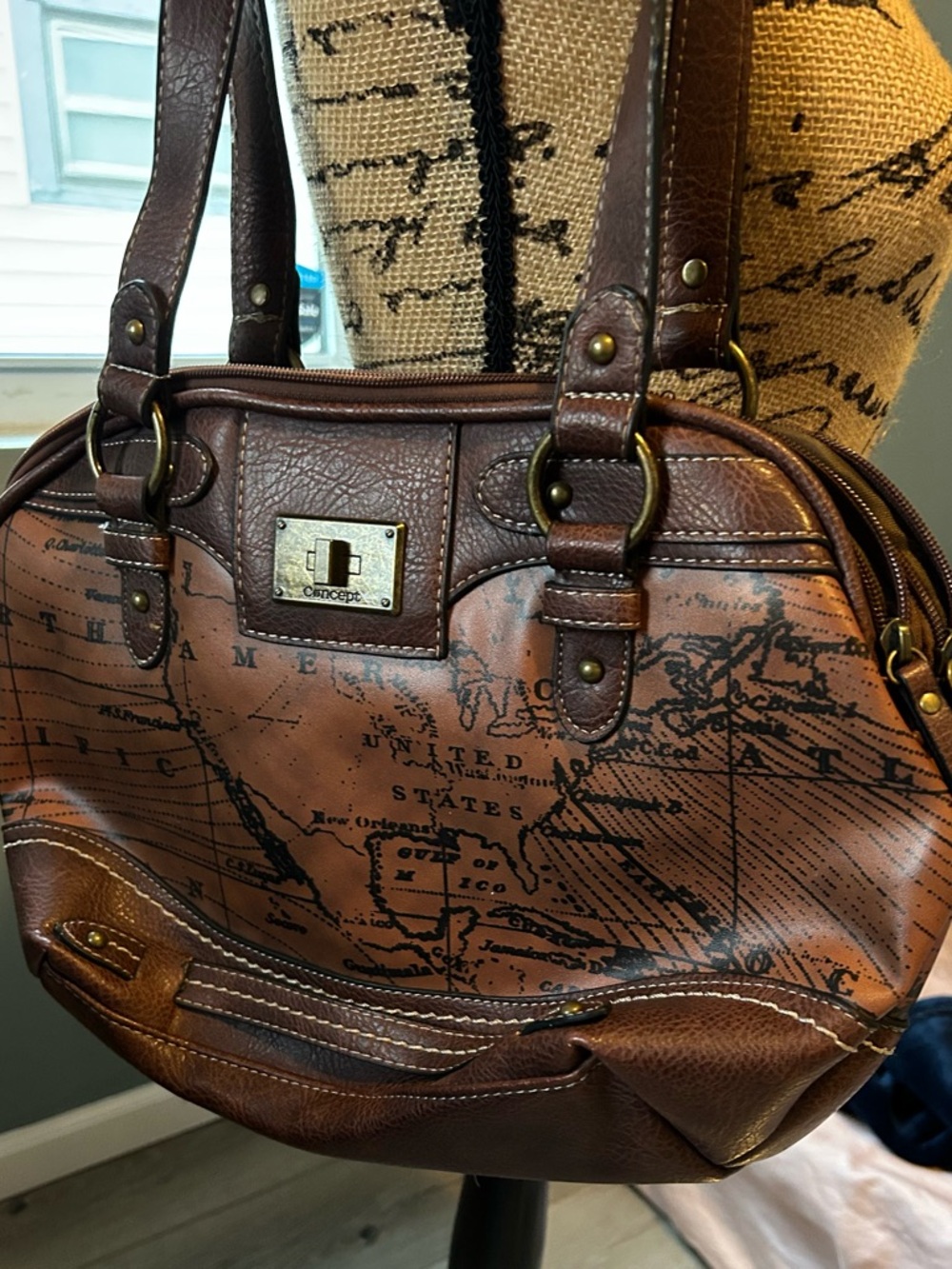 Born Concept Brown Map-Print Shoulder Bag - Classic Faux-Leather